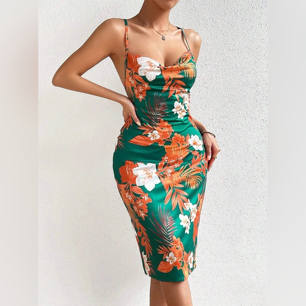 Crisscross Back Floral Print Bodycon Dress